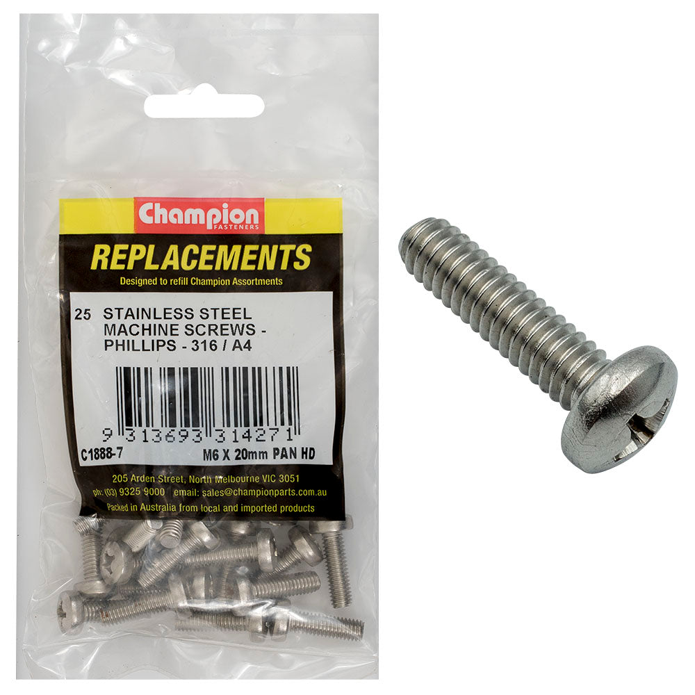 Champion Fasteners Machine Screw Pan Phillips Stainless Steel M6 X 20mm 316/A4 C1888-7