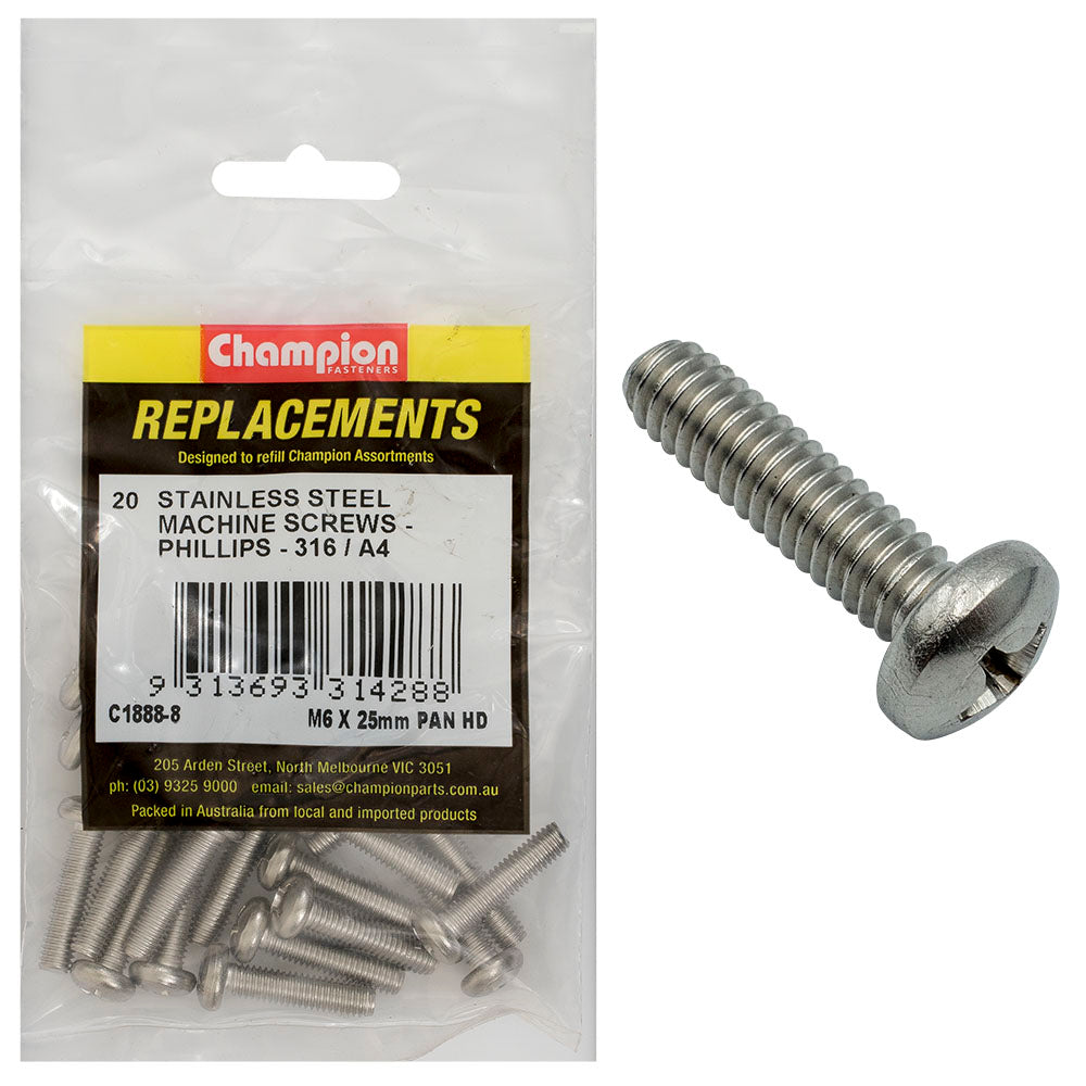 Champion Fasteners Machine Screw Pan Phillips Stainless Steel M6 X 25mm 316/A4 C1888-8
