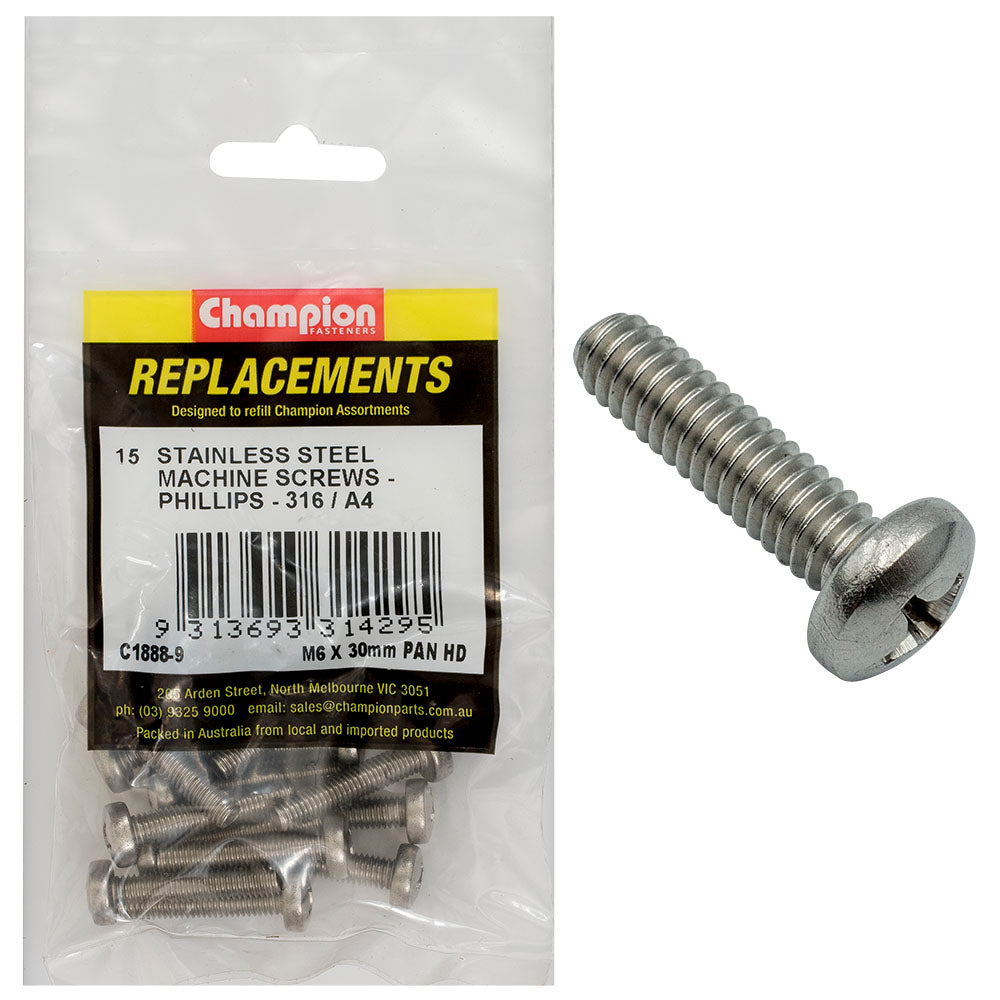 Champion Fasteners Machine Screw Pan Phillips Stainless Steel M6 X 30mm 316/A4 C1888-9