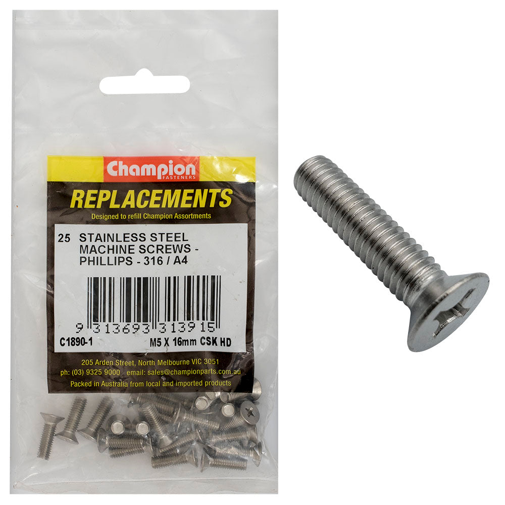 Champion Fasteners Machine Screw Csk Phillips Stainless Steel M5 X 16mm 316/A4 C1890-1