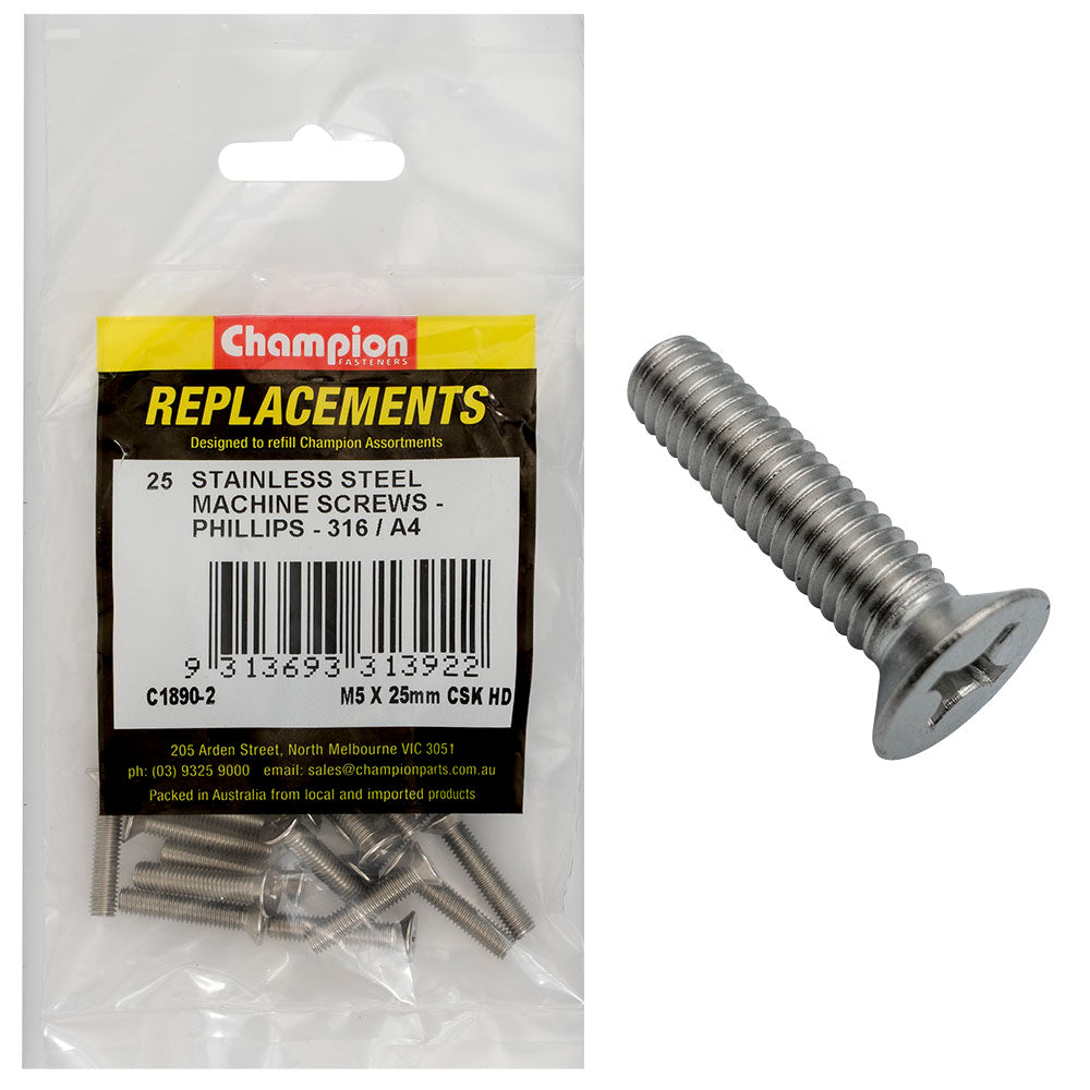 Champion Fasteners Machine Screw Csk Phillips Stainless Steel M5 X 25mm 316/A4 C1890-2
