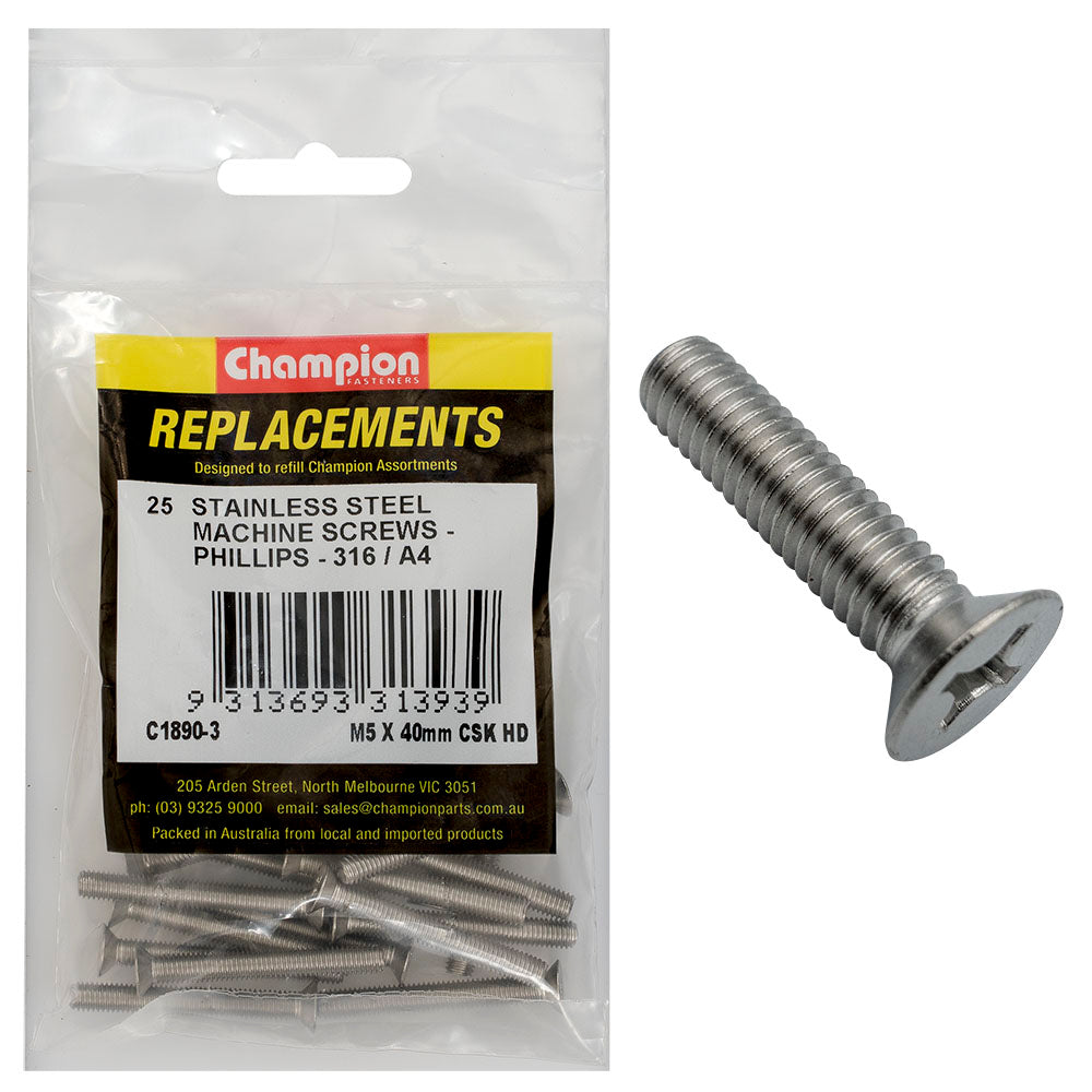 Champion Machine Screw CSK Phillips Stainless Steel M5 x 40mm 316/A4 C1890-3