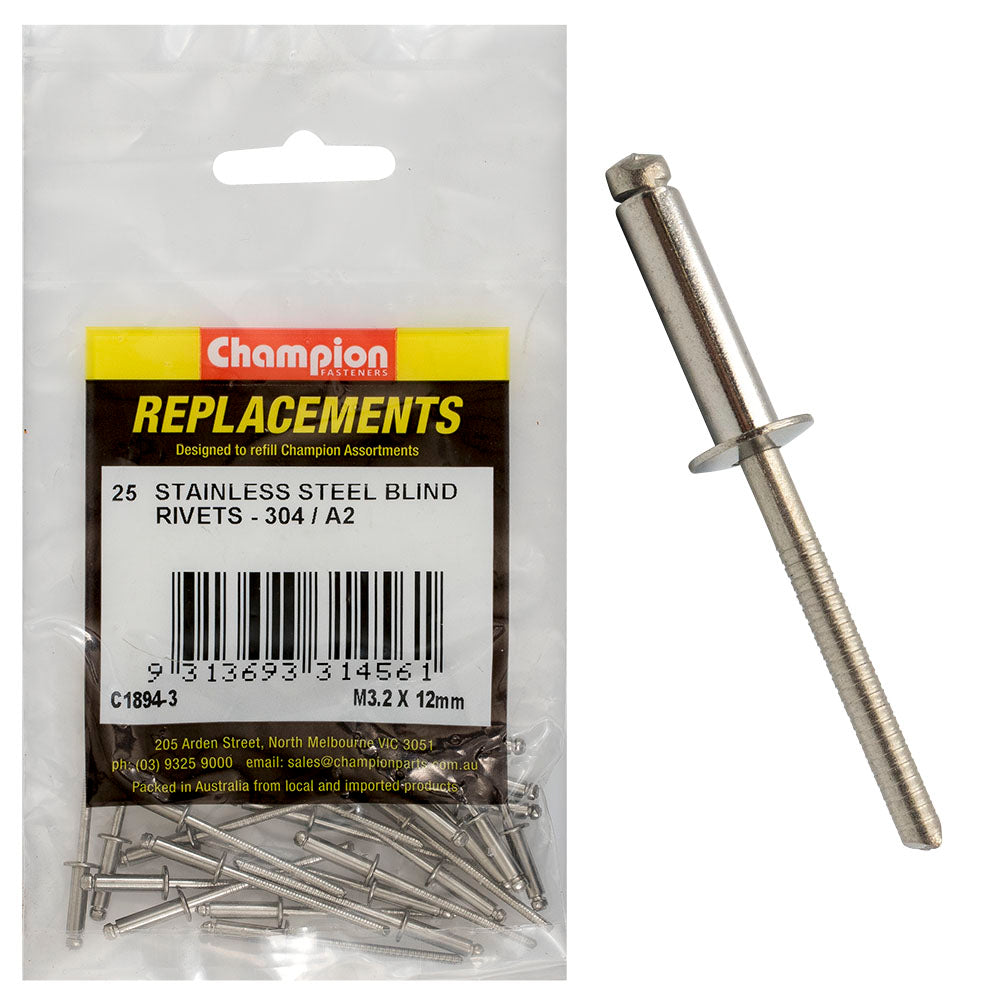 Champion Fasteners Rivet Blind Stainless Steel 3.2 X 12mm 304/A2 C1894-3