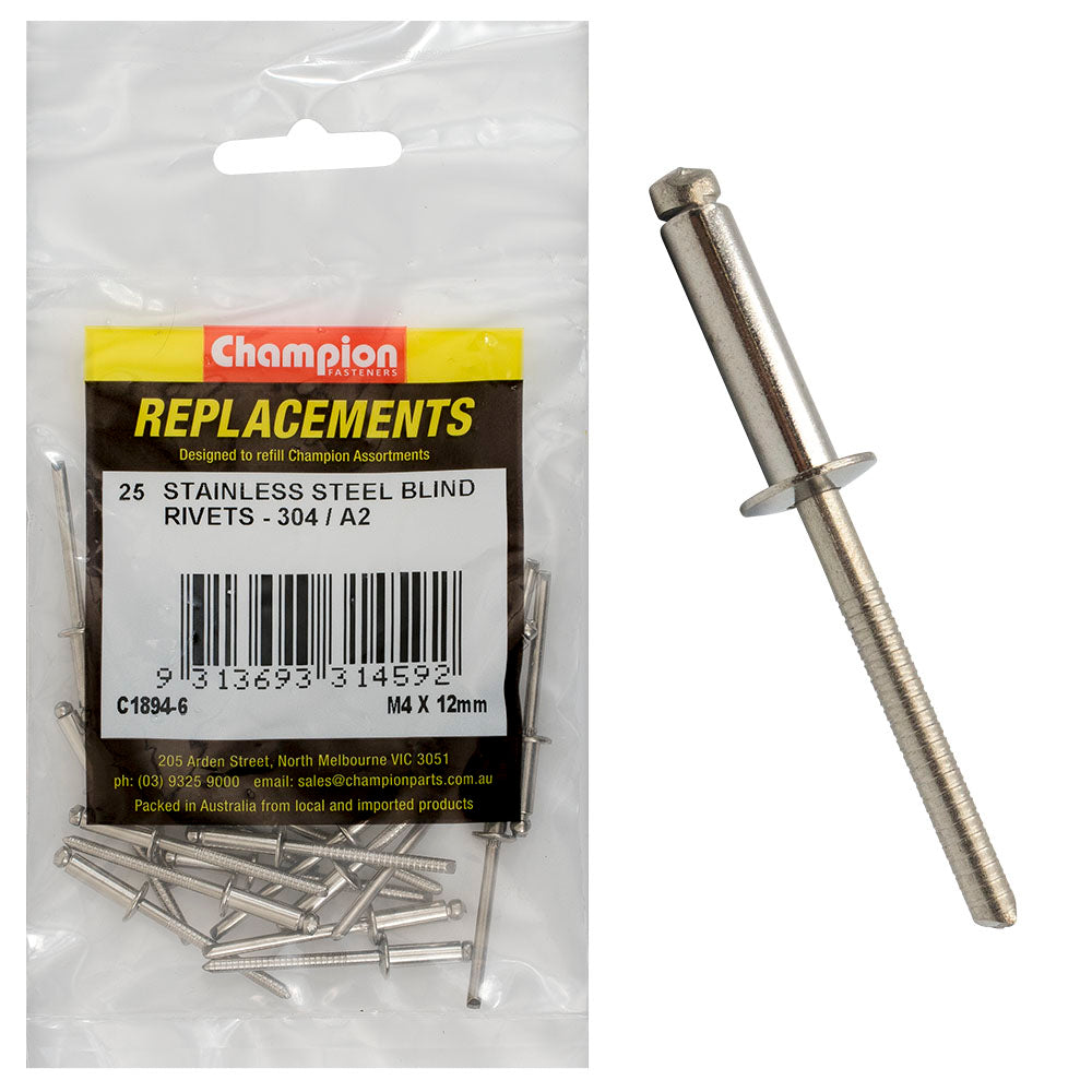 Champion Fasteners Rivet Blind Stainless Steel 4 X 12mm 304/A2 C1894-6