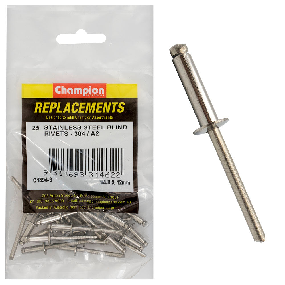 Champion Fasteners Rivet Blind Stainless Steel 4.8 X 12mm 304/A2 C1894-9