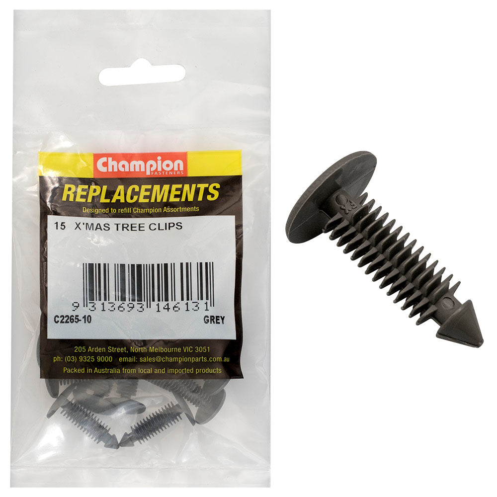 Champion Fasteners Xmas Tree Clip Grey Len:22mm Stem Dia: 6.8mm Head:16mm C2265-10