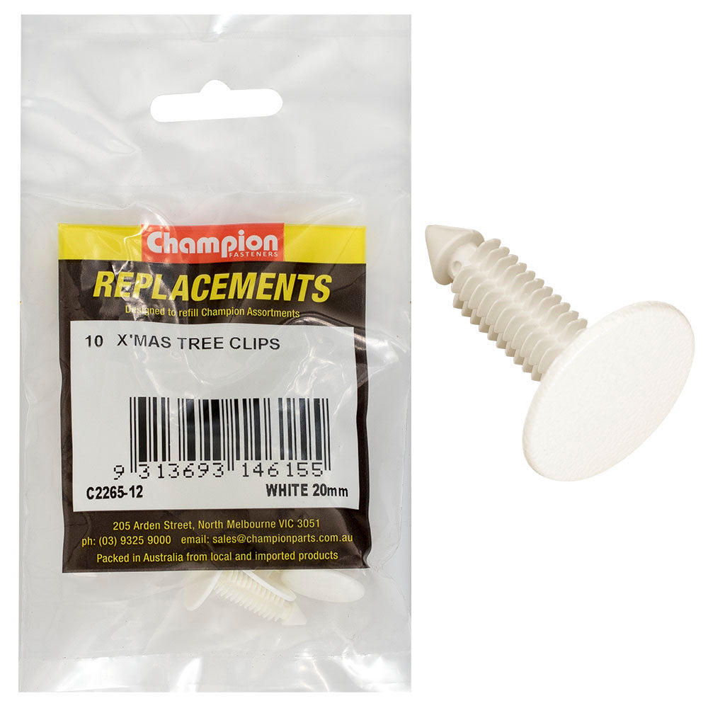 Champion Fasteners Xmas Tree Clip White Len:27mm Stem Dia: 7.6mm Head:20.4mm C2265-12