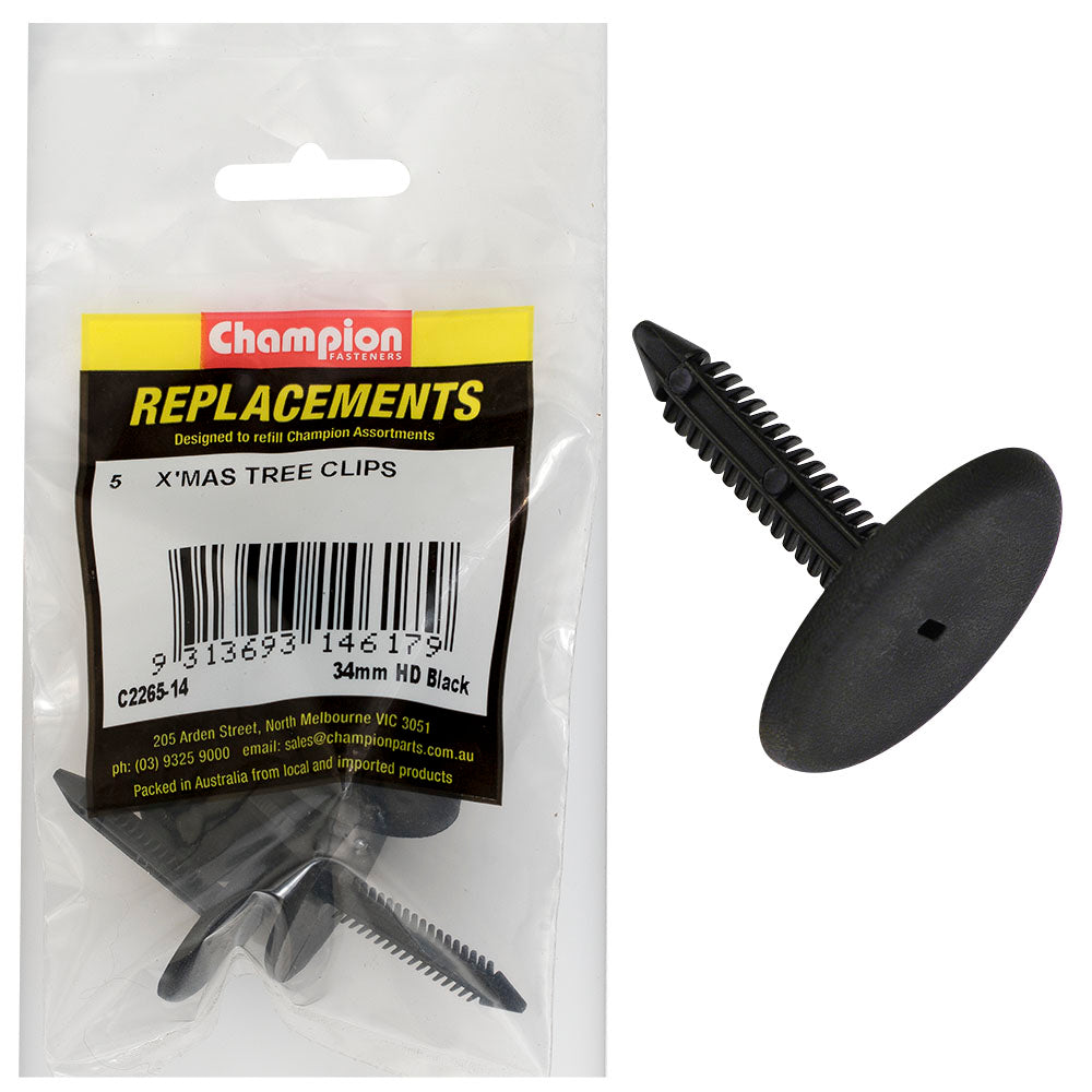 Champion Fasteners Xmas Tree Clip Black Len:39.5mm Stem Dia: 7.5mm Head:34.2mm C2265-14