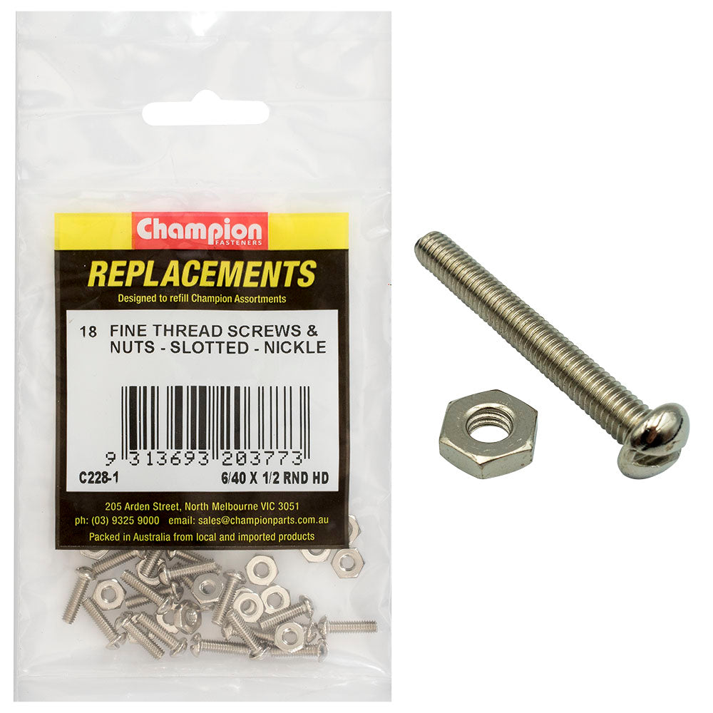 Champion Fasteners Machine Screw Pan Slot & Hex Plain Nut 6/40In X 1/2In Nickle Plated C228-1