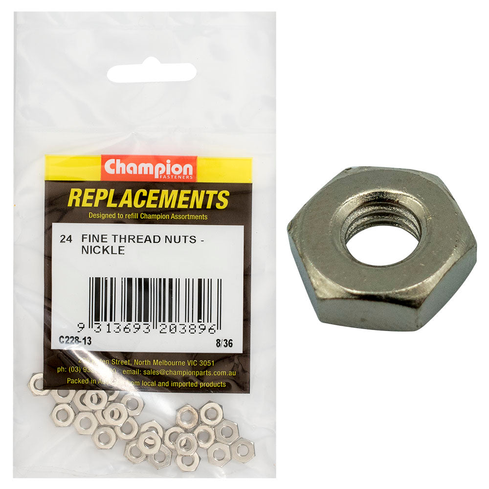 Champion Fasteners Hex Plain Nuts Fine Thread 8/36In Nickleplated C228-13
