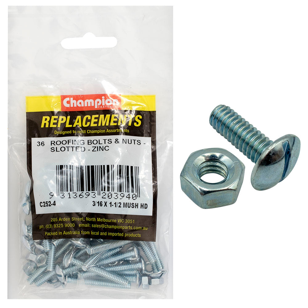 Champion Fasteners Roofing Bolt Mushroom Head & Hex Plain Nut 3/16In X 1 1/2In Unc Zinc Plated C252-4