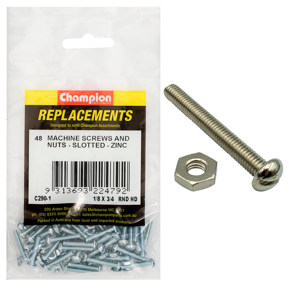 Champion Fasteners Machine Screw Round Head Slotted & Hex Plain Nut Unc 1/8In X 3/4In Zinc Plated C290-1