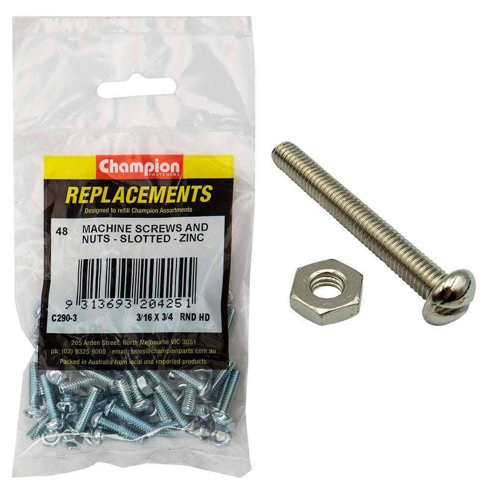 Champion Fasteners Machine Screw Round Head Slotted & Hex Plain Nut Unc 3/16In X 3/4In Zinc Plated C290-3