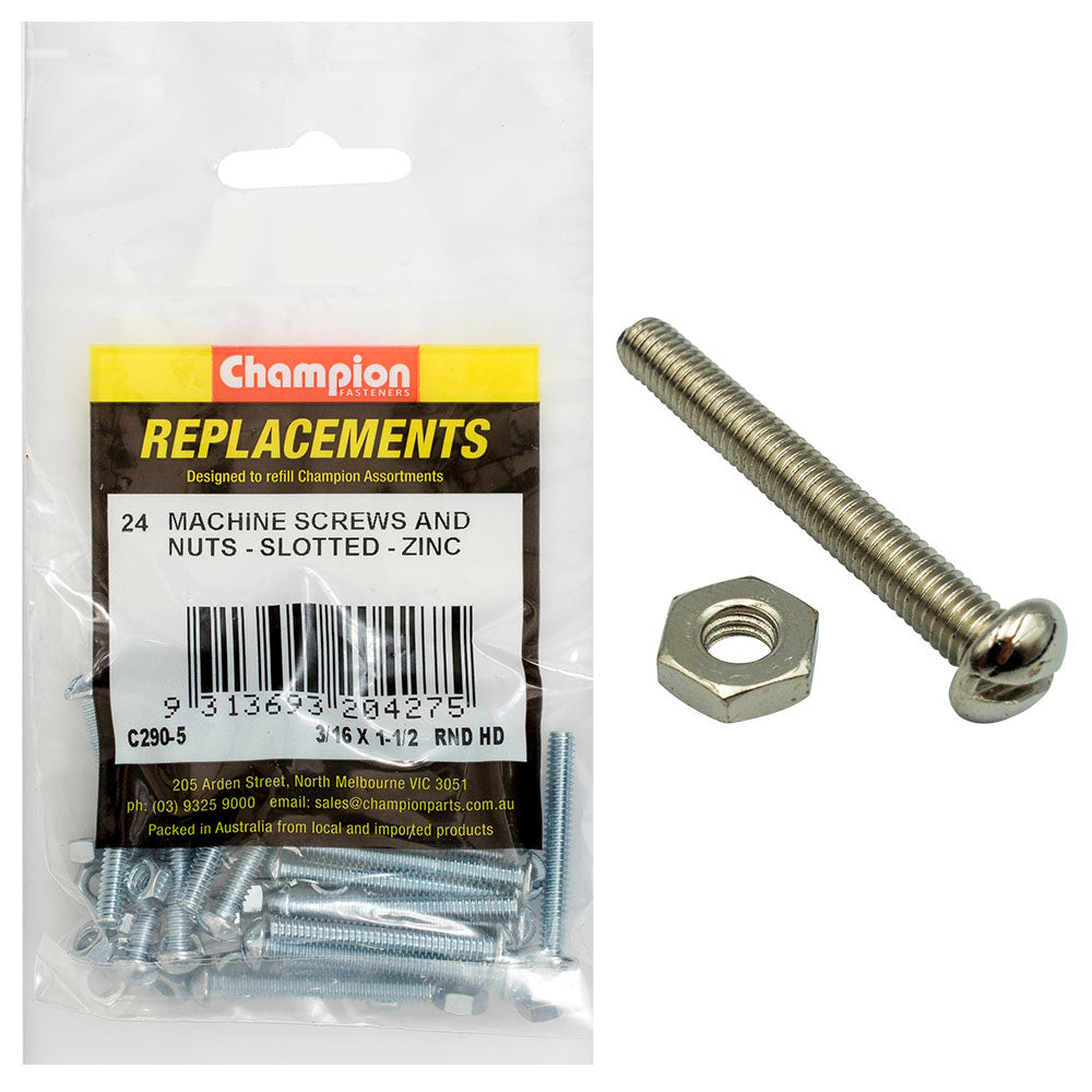 Champion Fasteners Machine Screw Round Head Slotted & Hex Plain Nut Unc 3/16In X 1 1/2In Zinc Plated C290-5