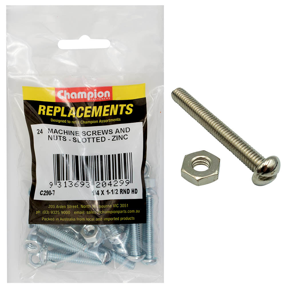 Champion Fasteners Machine Screw Round Head Slotted & Hex Plain Nut Unc 1/4In X 1 1/2In Zinc Plated C290-7