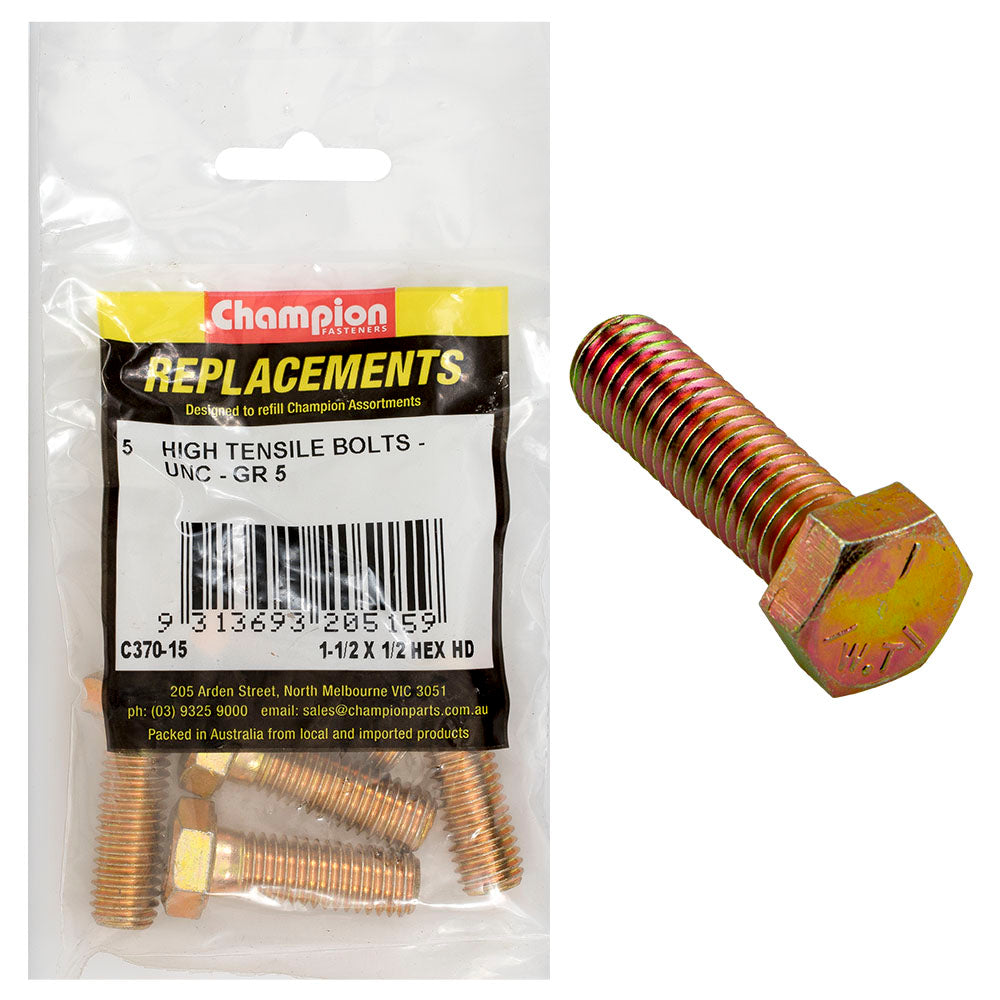 Champion Fasteners Hex Bolt High Tensile 1/2In X 1 1/2In Unc Grade 5 C370-15