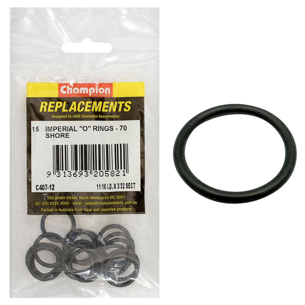 Champion Fasteners O Ring Nitrile Rubber 70 Shore 11/16In X 3/32In Black C407-12