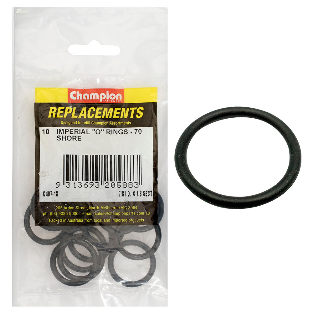 Champion Fasteners O Ring Nitrile Rubber 70 Shore 7/8In X 1/8In Black C407-18