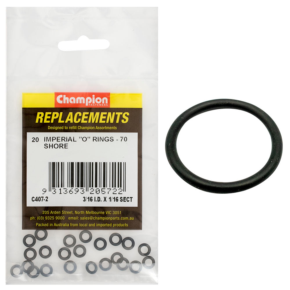Champion Fasteners O Ring Nitrile Rubber 70 Shore 3/16In X 1/16In Black C407-2