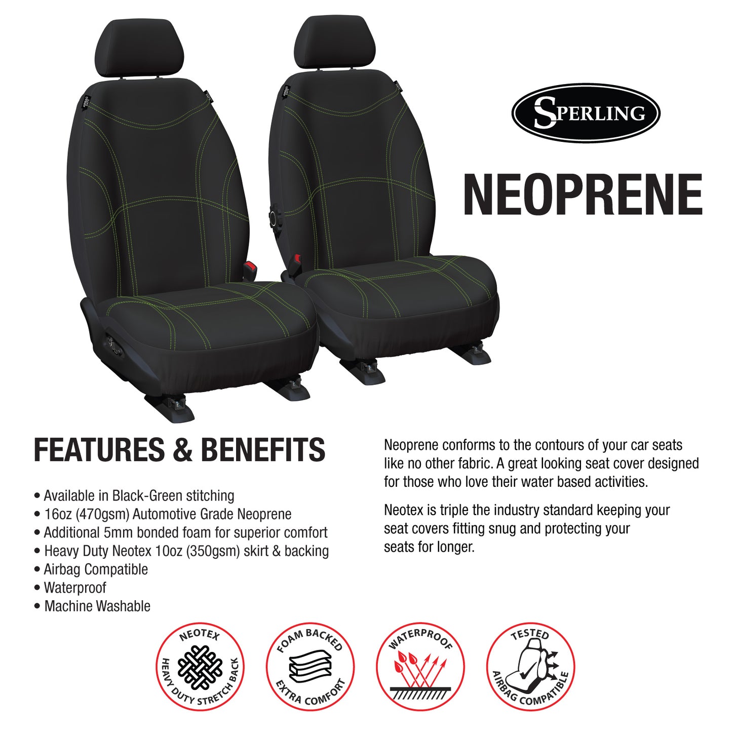 Sperling Getaway Neoprene Front Black - Green Stitch Seat Covers Suits Outback BT 2020-On RM1266GBG