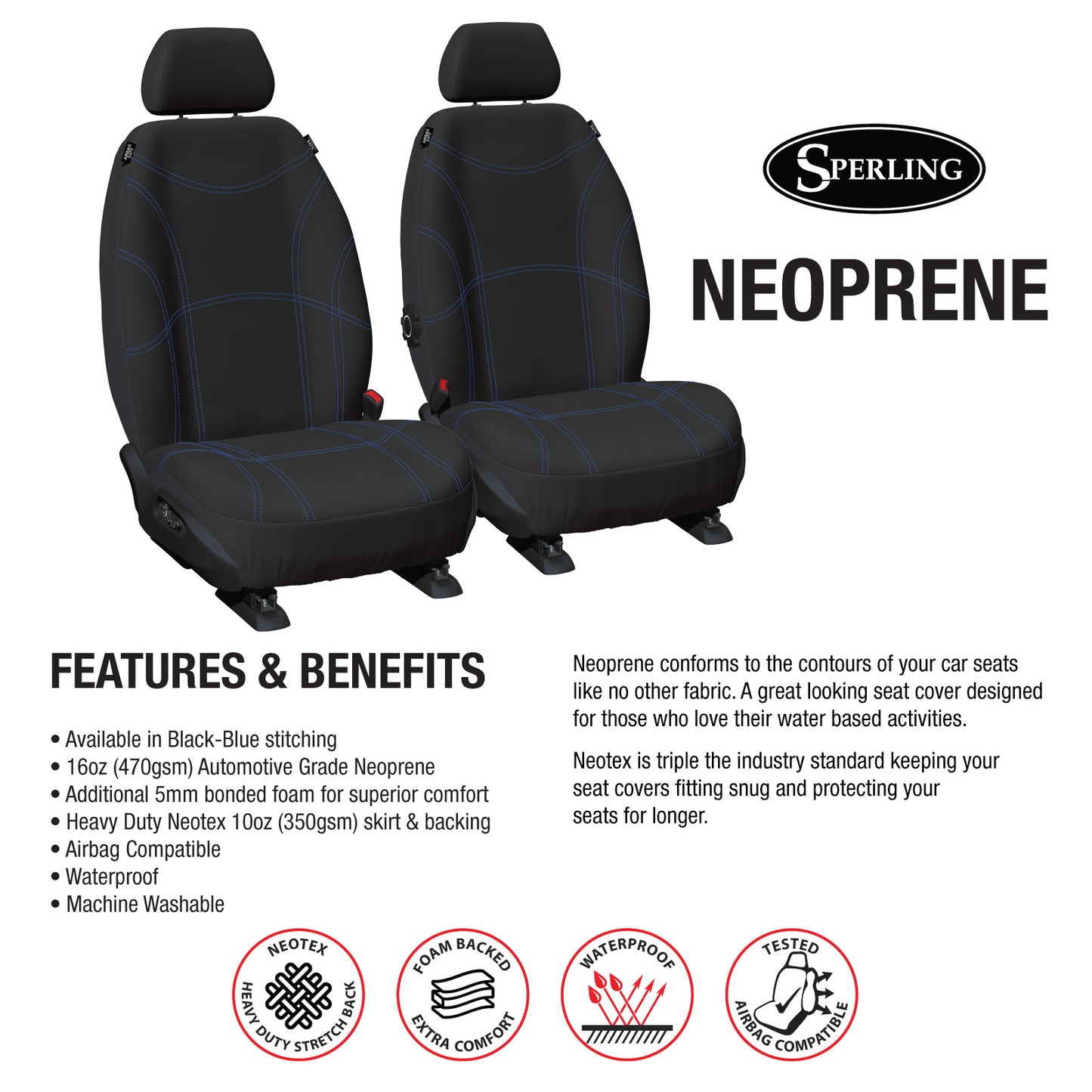 Sperling Getaway Neoprene Front Black - Blue Stitch Seat Covers Suits BT50, Everest, Ranger 2011-2022 RM1003GBL