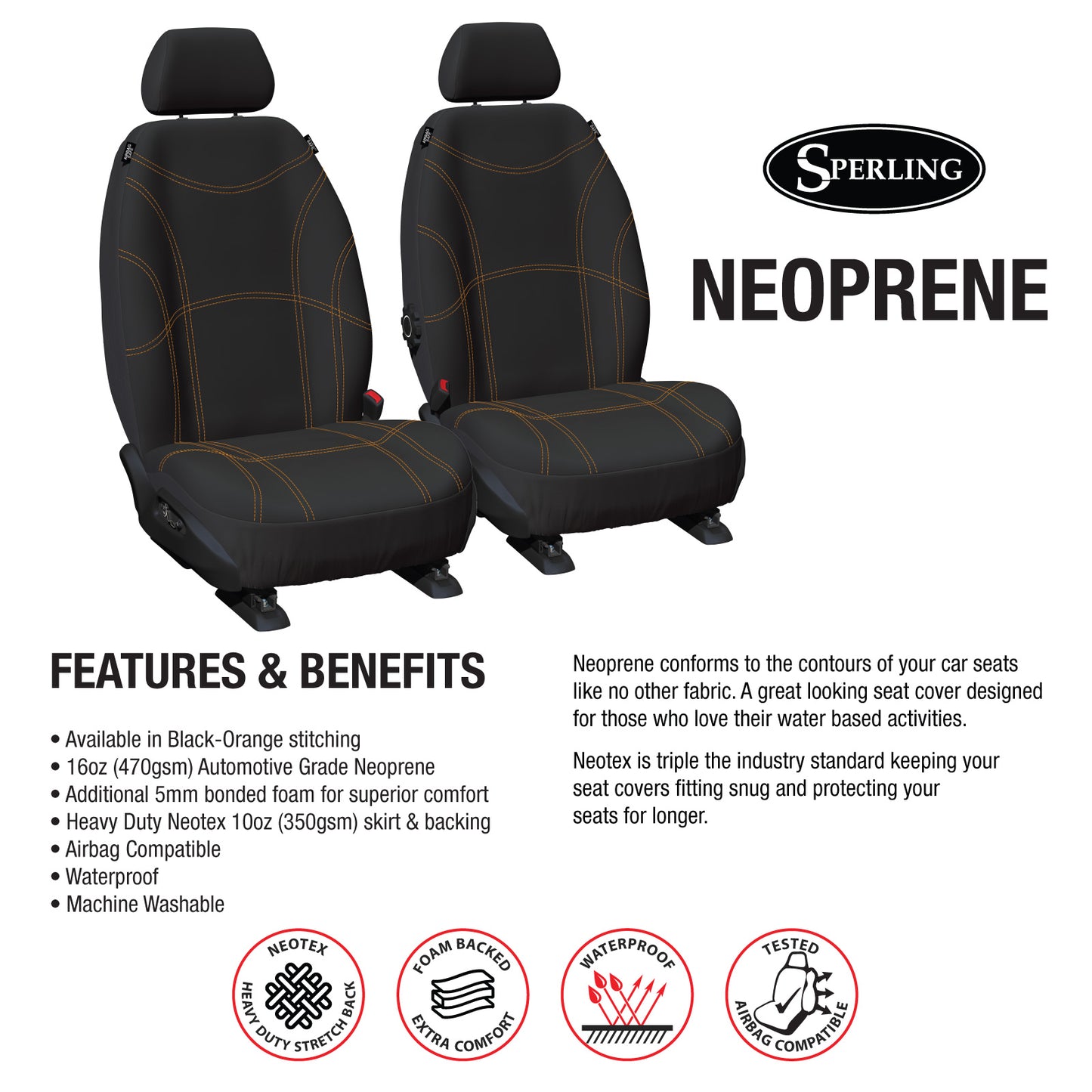 Sperling Getaway Neoprene Front Black - Orange Stitch Seat Covers Suits BT50, Everest, Ranger 2011-2022 RM1003GBO