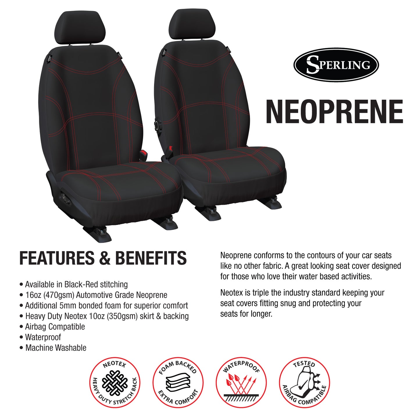 Sperling Getaway Neoprene Front Black - Red Stitch Seat Covers Suits GS ZS ZST 2017-On RM1102GBR