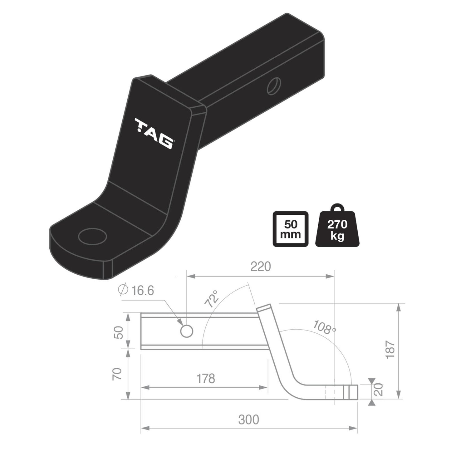 TAG Tow Ball Mount - 220mm Long 108 Face 50mm Square Hitch L4314