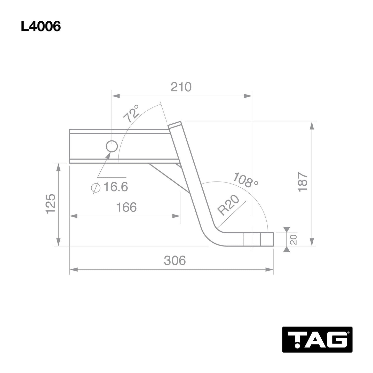 TAG Tow Ball Mount - 210mm Long, 108 Degree Face, 50mm Square Hitch L4006
