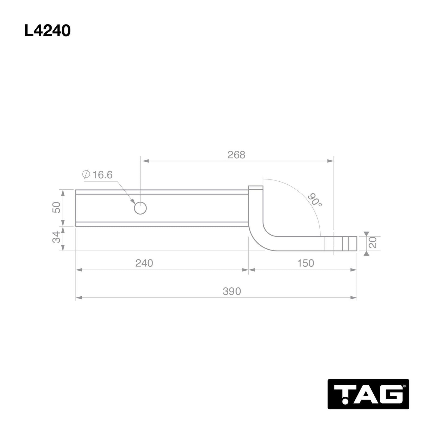 TAG Tow Ball Mount 268mm Long 90 Degree Face 50mm Square Hitch L4240