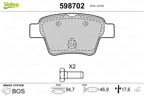 Valeo Brake Pad Set Rear 598702