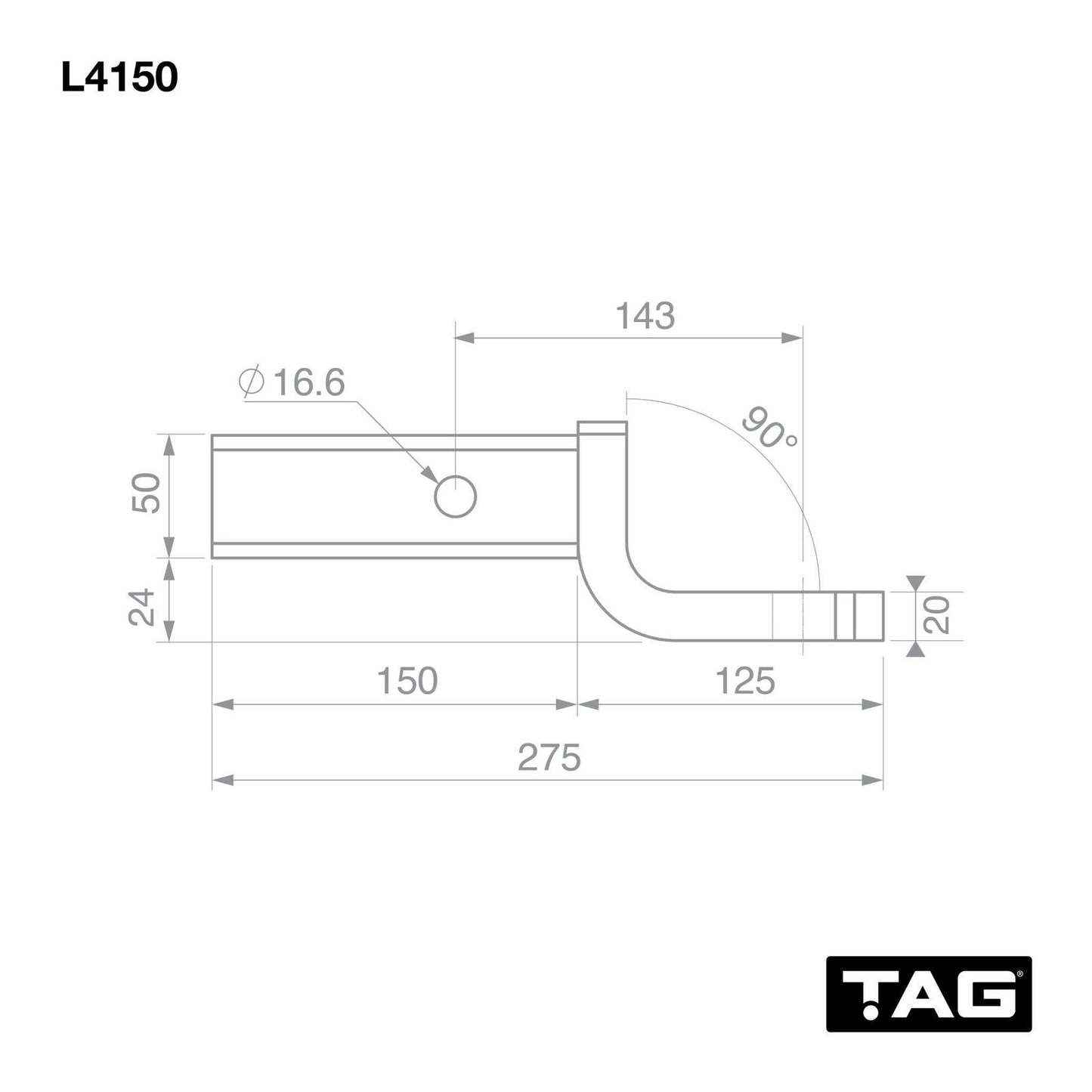 TAG Tow Ball Mount - 143mm Long, 90 Degree Face 50mm Square Hitch L4150