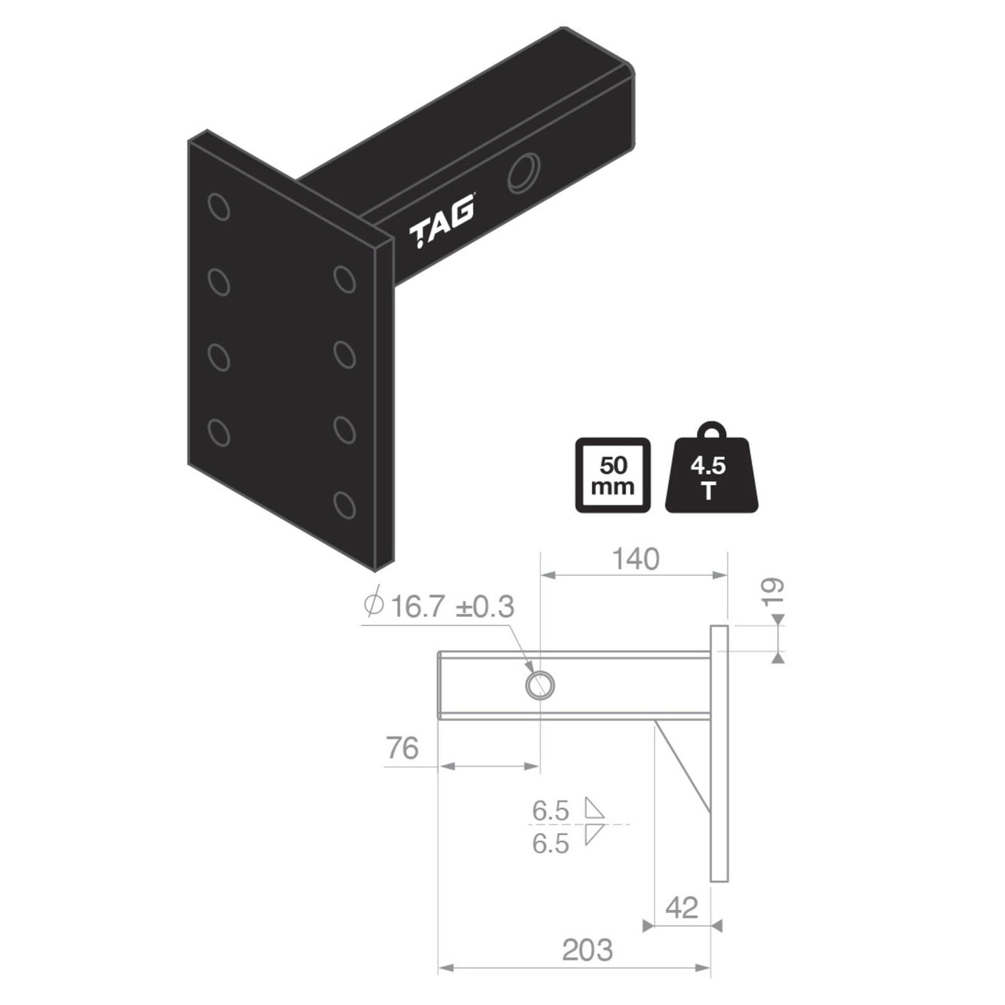 TAG Adjustable Pintle Mount 50mm Square Hitch 4.5 Tonne L4T04