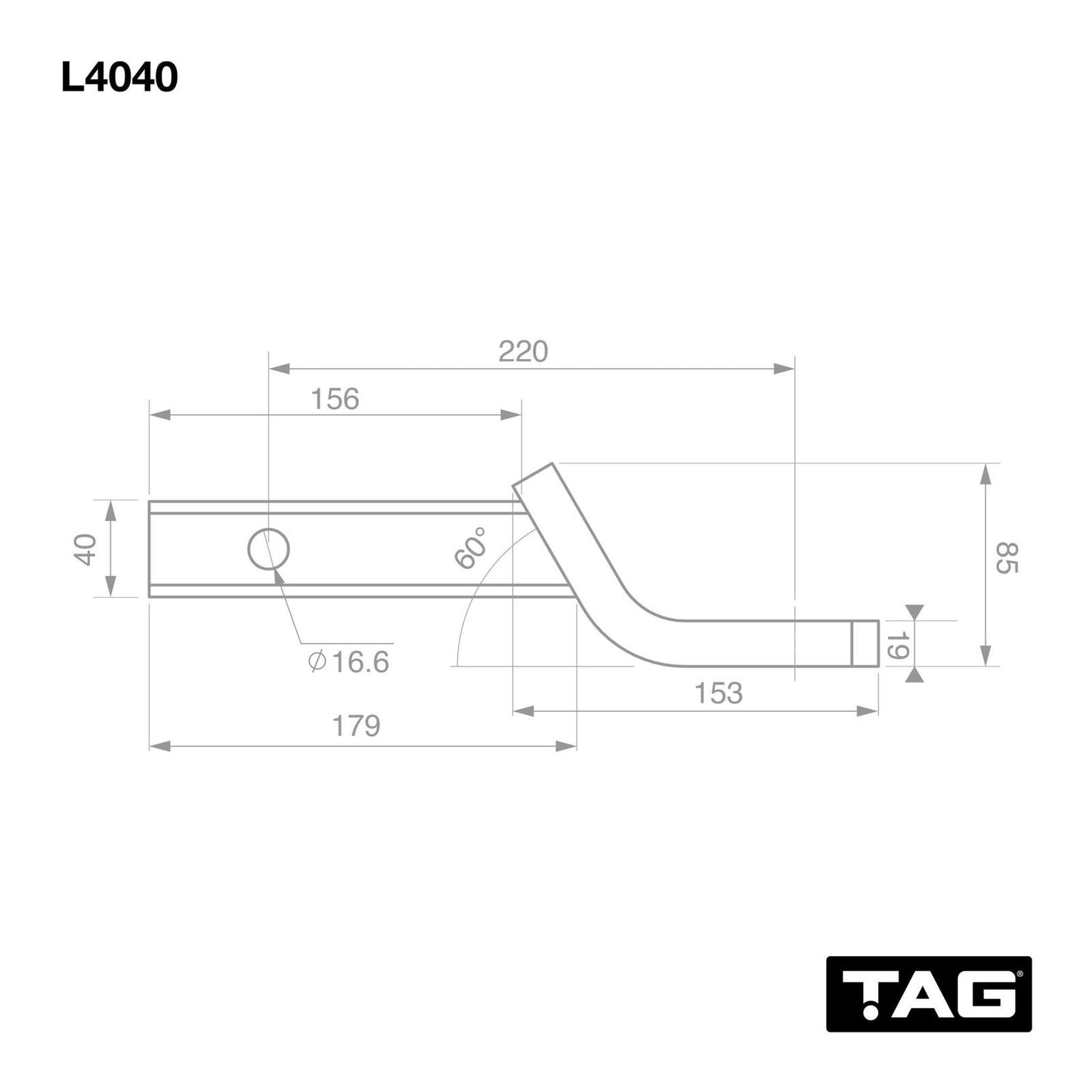 TAG Tow Ball Mount - 220mm Long, 135 Degree Face, 40mm Square Hitch L4040