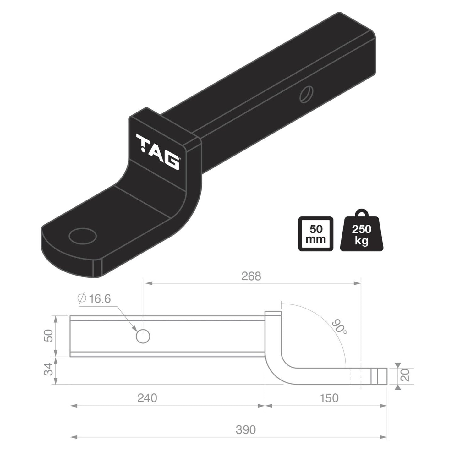 TAG Tow Ball Mount 268mm Long 90 Degree Face 50mm Square Hitch L4240