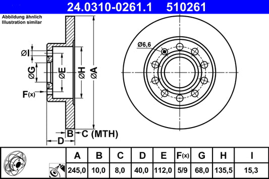 ATE Power Disc Brake Rotor 245mm Rear 24.0310-0261.1
