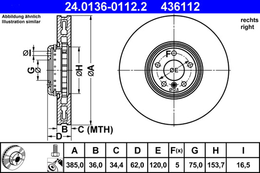 ATE Brake Rotor 385mm Front RH 24.0136-0112.2