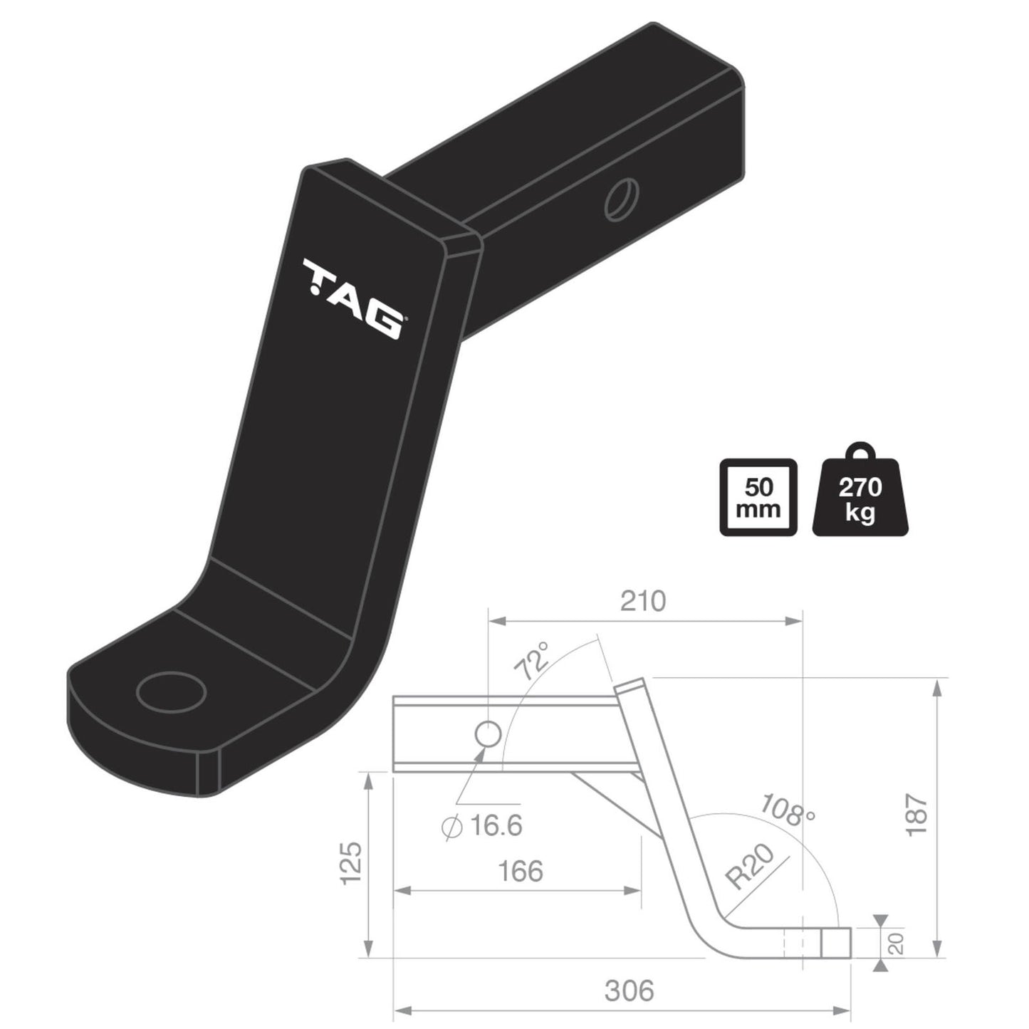 TAG Tow Ball Mount - 210mm Long, 108 Degree Face, 50mm Square Hitch L4006
