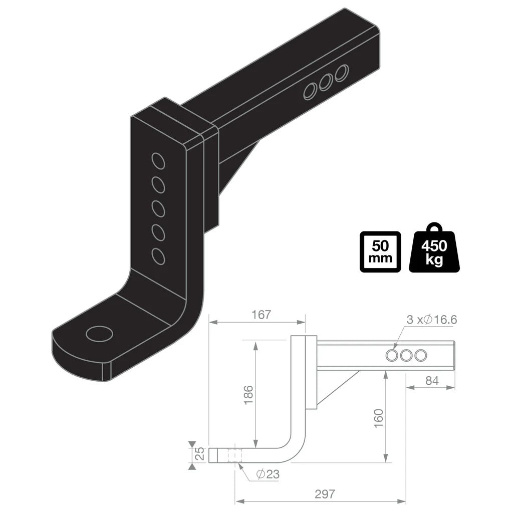 TAG Adjustable Tow Ball Mount 297mm Long 90 Degree Face 50mm Square Hitch L4435