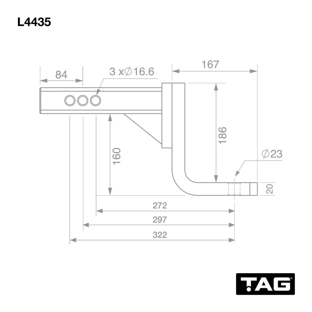 TAG Adjustable Tow Ball Mount 297mm Long 90 Degree Face 50mm Square Hitch L4435