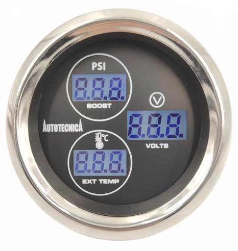 Autotecnica LCD 3-in-1 Turbo Boost/EGT/Voltmeter Gauge 52mm LCBEV