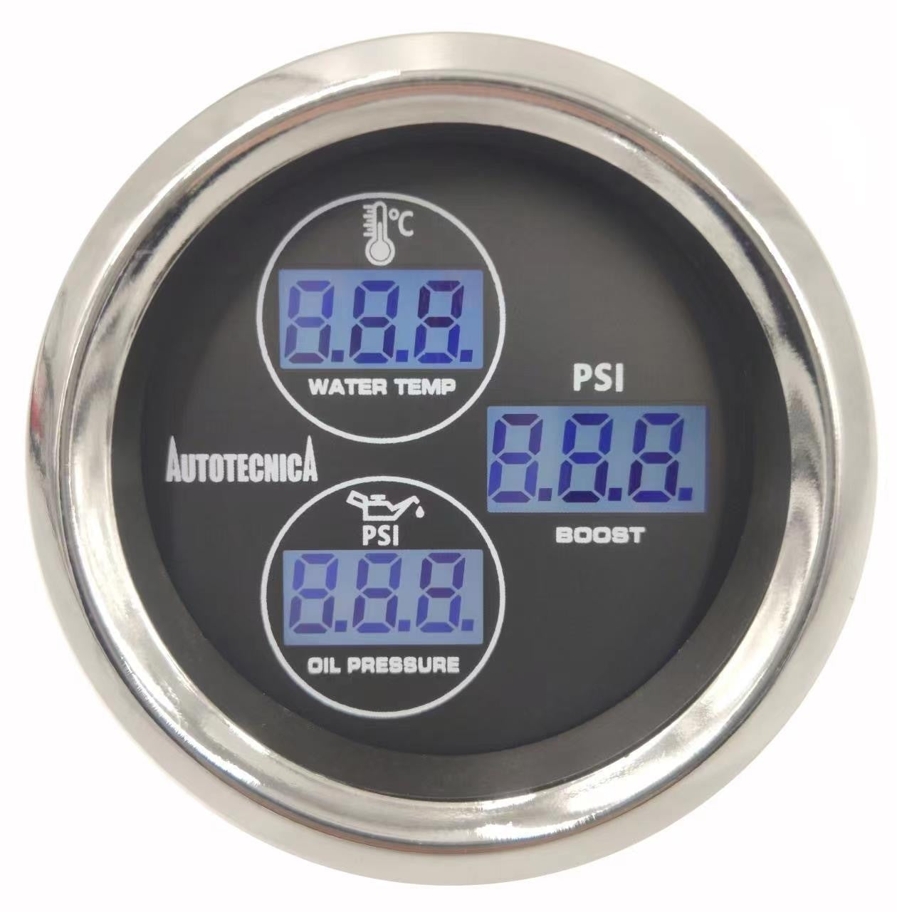 Autotecnica LCD 3-in-1 Turbo Boost/Water Temperature/Oil Pressure Gauge 52mm LCBOW