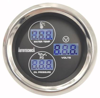 Autotecnica LCD 3-in-1 Voltmeter/Water Temperature/Oil Pressure Gauge 52mm LCOWV