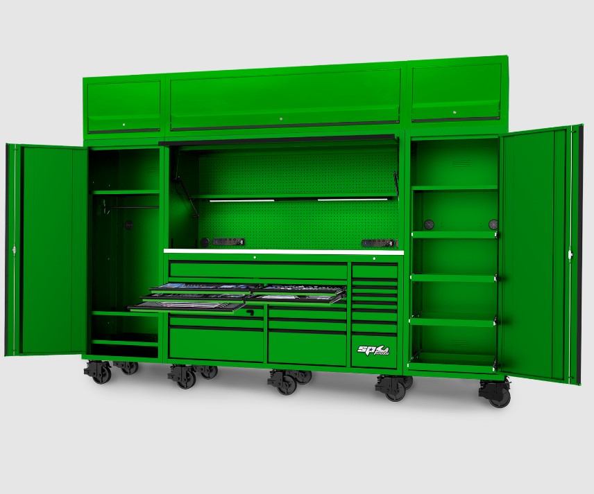SP Tools Toolkit 1216pc Metric/SAE - USA Sumo Series 128" Roller Cabinet Workstation Complete  Including Overhead Green SP50870G