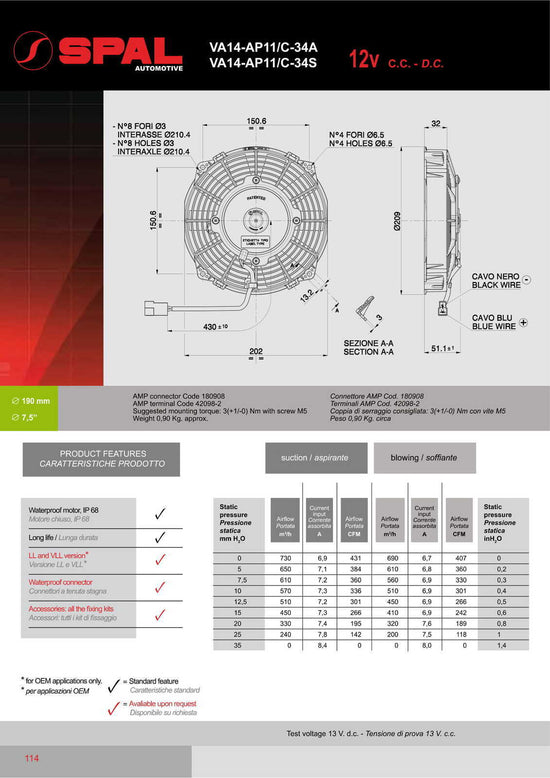 SPAL 08in Fan Straight Blade Push 12V (407CFM) (52mm Deep) PWAC08STP