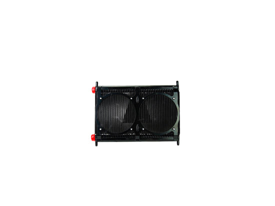 PWR Engine Oil Cooler - Plate & Fin 280 X 423 X 37mm (48 Row) Suits 2 X 8in SPAL Fans, Temp Switch Boss PWO6340-6