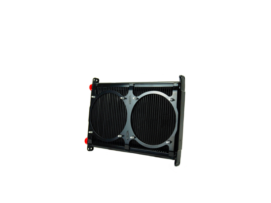 PWR Engine Oil Cooler - Plate & Fin 280 X 423 X 37mm (48 Row) Suits 2 X 8in SPAL Fans, Temp Switch Boss PWO6340-6