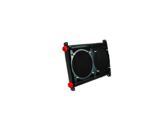 PWR Engine Oil Cooler - Plate & Fin 280 X 423 X 37mm (48 Row) Suits 2 X 8in SPAL Fans, Temp Switch Boss PWO6340-6