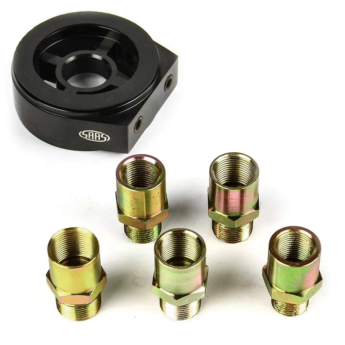 SAAS Oil Filter Sandwich Plate Inc 5 Fittings Black Billet SGAP10