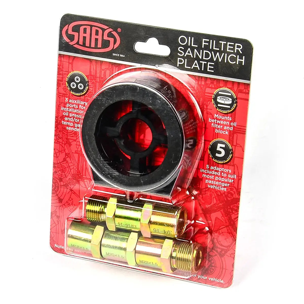 SAAS Oil Filter Sandwich Plate Inc 5 Fittings Black Billet SGAP10